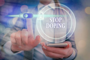Kelime yazma Doping durdurun. Yasaklı atletizm performans artırıcı ilaçların kullanımına ilişkin iş konsepti web veri bilgi güvenlik uygulama sistemi için grafiksel asma kilit.