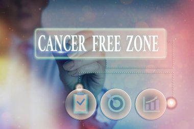 Kanser Serbest Bölge 'yi gösteren bir not yazıyorum. Kanser hastalarını destekleyen iş fotoğraflarının gösterilmesi ve kanser bilincinin artırılması dijital teknoloji ağı bilgisel öğeleri.