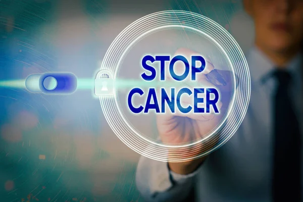 Writing note showing Stop Cancer. Business photo showcasing prevent the uncontrolled growth of abnormal cells in the body Graphics padlock for web data information security application system. — Stock Photo, Image