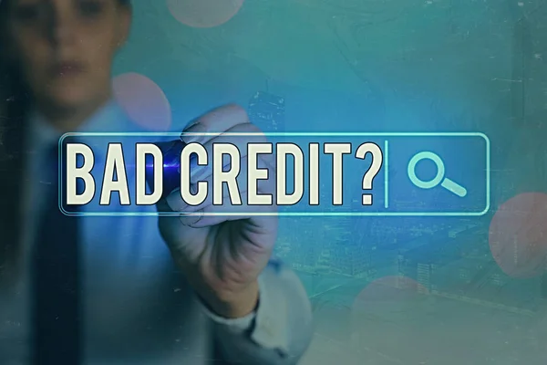 Writing note showing Bad Credit Question. Business photo showcasing a bad credit score due to nonpayment of loans Web search digital information futuristic technology network connection.