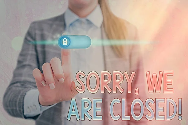 Word writing text Sorry, We Are Closed. Business concept for apologize for shutting off business for specific time Graphics padlock for web data information security application system. — Stock Photo, Image