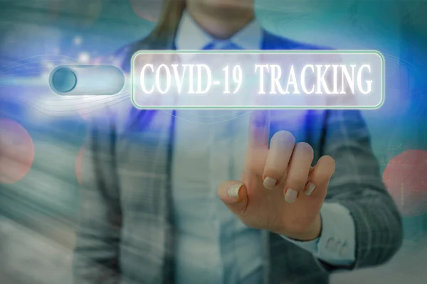 Κείμενο γραφής λέξεων Covid 19 Tracking. Επιχειρηματική ιδέα για τη Διακριτική διαδικασία των πιθανών μολυσμένων ατόμων Graphics λουκέτο για web σύστημα εφαρμογής ασφάλειας πληροφοριών. — Φωτογραφία Αρχείου