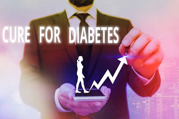 Schreiben Notiz zeigt Cure für Diabetes. Business-Foto zeigt die Suche nach Medikamenten durch insulinabhängige Pfeil-Symbol nach oben zeigt signifikante Leistung. — Stockfoto