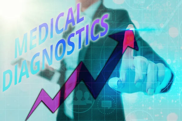 Writing note showing Medical Diagnostics. Business photo showcasing act of identifying a disease from its signs and symptoms Arrow symbol going upward showing significant achievement.