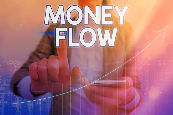 Conceptual hand writing showing Money Flow. Business photo showcasing it is an indicator of positive or negative in a current day Arrow symbol going upward showing significant achievement.