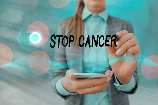 Handwriting text writing Stop Cancer. Concept meaning prevent the uncontrolled growth of abnormal cells in the body Graphics padlock for web data information security application system. — Stock Photo, Image