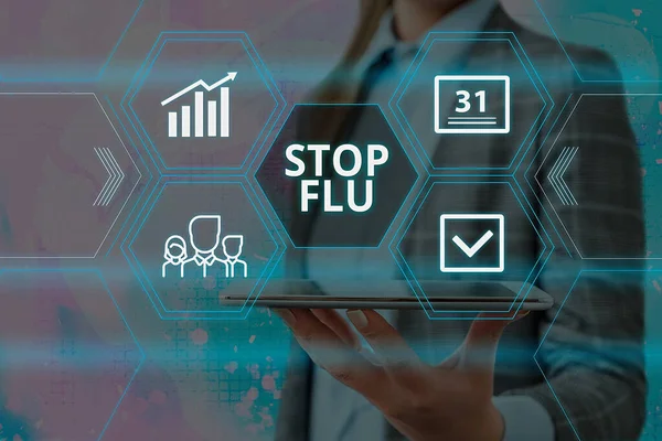 Texto manuscrito Stop Flu. Concepto significado poner fin a la infección viral de los pulmones y las vías respiratorias Rejillas y diferentes configuraciones de los iconos último concepto de tecnología digital . — Foto de Stock