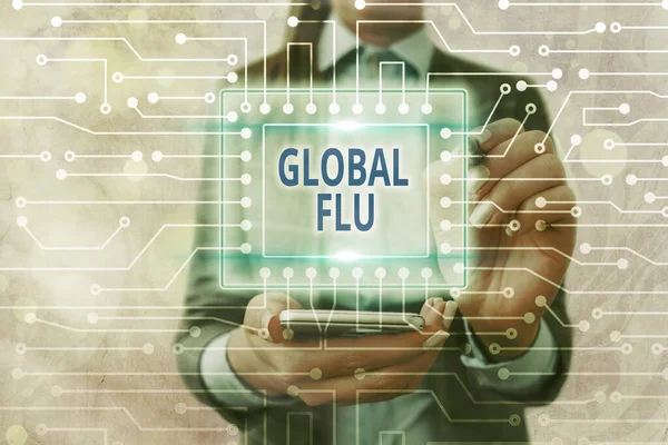 Znak tekstowy pokazujący globalną grypę. Zdjęcie koncepcyjne Powszechna choroba zakaźna rozprzestrzeniająca się na całym świecie szybko sterowana przez administratora systemu, koncepcja narzędzi konfiguracyjnych przekładni. — Zdjęcie stockowe