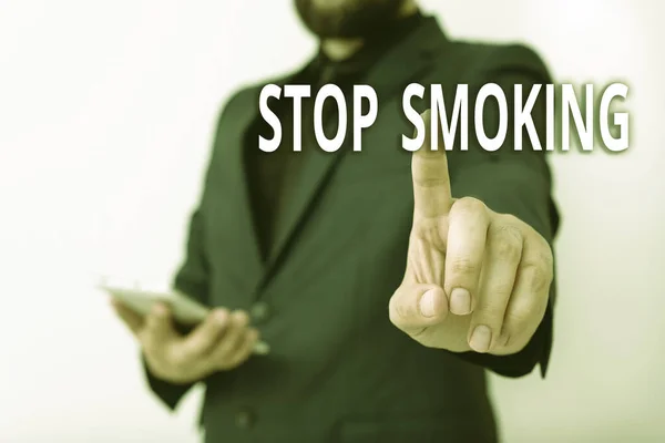 Text sign showing Stop Smoking. Conceptual photo the process of discontinuing or quitting tobacco smoking Model with pointing hand finger symbolizing navigation progress growth. — Stock Photo, Image