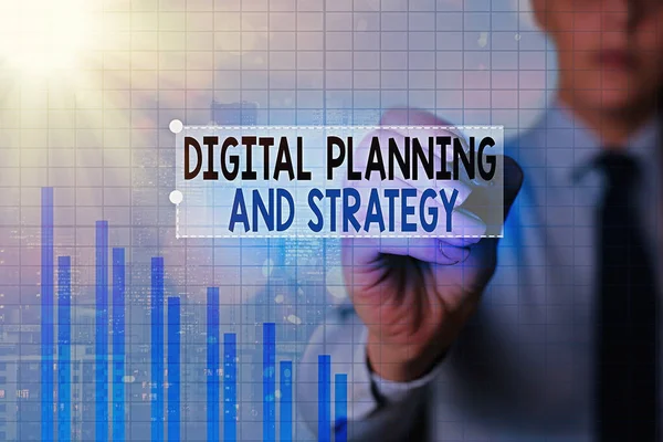 Text sign showing Digital Planning And Strategy. Conceptual photo business analysis in online marketing channels Arrow symbol going upward denoting points showing significant achievement. — Stock Photo, Image