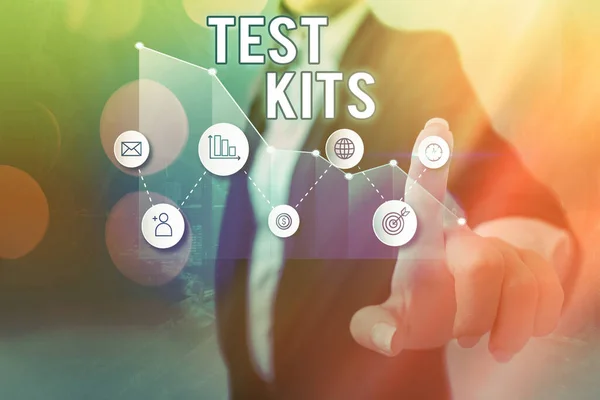 Text sign showing Test Kits. Conceptual photo tools used to detect the presence of something in the body Arrow symbol going upward denoting points showing significant achievement. — Stock Photo, Image