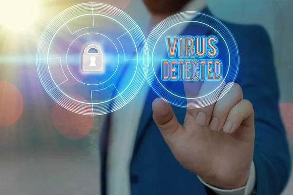 Escritura a mano de texto Virus Detectado. Concepto que significa un programa de computadora utilizado para prevenir y eliminar el malware Graphics padlock para el sistema de aplicaciones de seguridad de datos web . — Foto de Stock