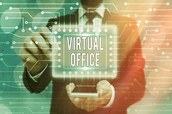 Texto de escritura a mano Oficina Virtual. Concepto que significa dominio operativo de cualquier negocio u organización virtualmente Control del administrador del sistema, configuración de engranajes herramientas concepto . —  Fotos de Stock