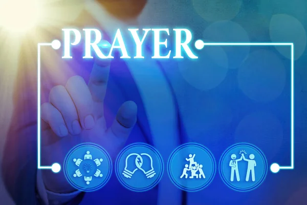 Handwriting text writing Prayer. Concept meaning solemn request for help or expression of thanks addressed to God Information digital technology network connection infographic elements icon. — Stock Photo, Image