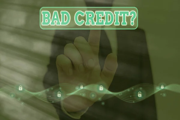 Word writing text Bad Credit Question. Business concept for a bad credit score due to nonpayment of loans Graphics padlock for web data information security application system. — Stock Photo, Image