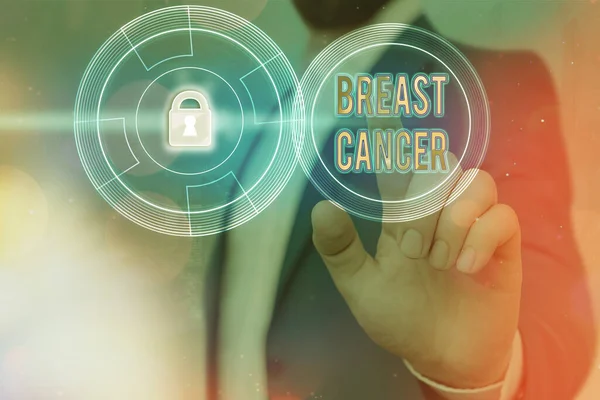 Pismo odręczne z rakiem piersi. Koncepcja oznacza chorobę, w której komórki w piersi rosną poza kontrolą Graficzny kłódka dla systemu aplikacji bezpieczeństwa danych internetowych. — Zdjęcie stockowe