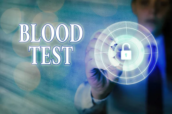 Writing note showing Blood Test. Business photo showcasing Extracted blood sample from an organism to perfom a laboratory analysis Graphics padlock for web data information security application system