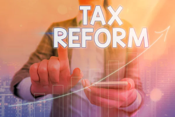 Conceptual hand writing showing Tax Reform. Business photo showcasing government policy about the collection of taxes with business owners Arrow symbol going upward showing significant achievement. — Stock Photo, Image