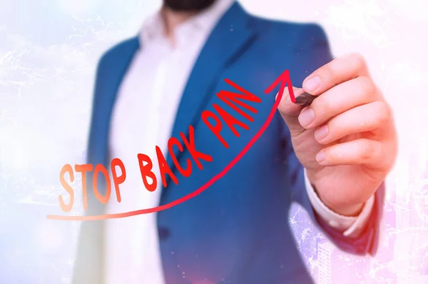Escrevendo nota mostrando Stop Back Pain. Foto de negócios mostrando colocar um fim na dor sentida na parte inferior ou superior das costas Curva de ponta de seta digital que denota o conceito de desenvolvimento de crescimento . — Fotografia de Stock