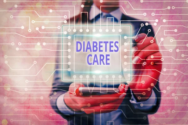 Textskylt som visar diabetesvården. Konceptuell foto förhindra eller behandla komplikation som kan bli resultatet av sjukdomen Systemadministratör kontroll, redskap konfiguration verktyg koncept. — Stockfoto