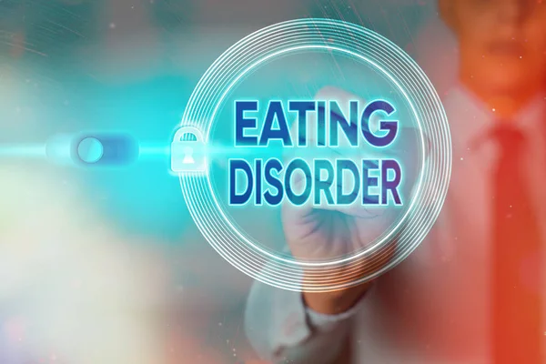 Writing note showing Eating Disorder. Business photo showcasing illnesses or severe disturbances in their eating behaviors Graphics padlock for web data information security application system.