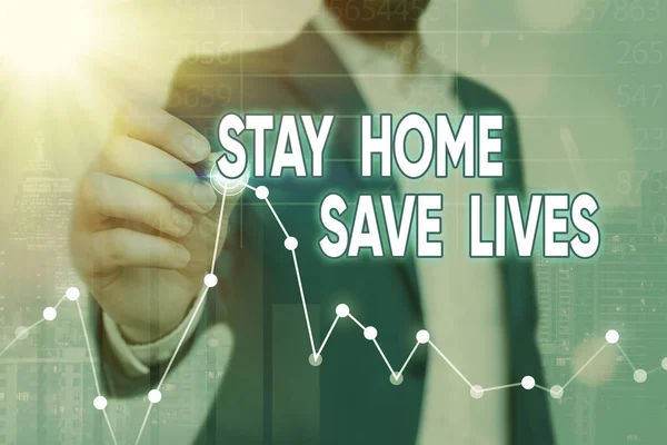 Εγγραφή σημείωμα που δείχνει Stay Home Save Lives. Επαγγελματική φωτογραφία δείχνει μείωση του αριθμού των ασθενών που έχουν μολυνθεί με το να μην αφήνει το σπίτι Arrow σύμβολο πηγαίνει προς τα πάνω δείχνει σημαντικό επίτευγμα. — Φωτογραφία Αρχείου