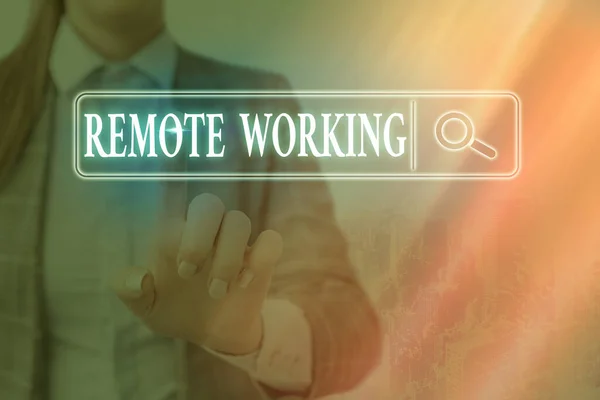 Nota de escrita mostrando Remote Working. Estilo de exibição de fotos de negócios que permite que os profissionais trabalhem fora de um escritório Pesquisa na Web informações digitais conexão de rede de tecnologia futurista. — Fotografia de Stock