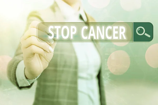 Writing note showing Stop Cancer. Business photo showcasing prevent the uncontrolled growth of abnormal cells in the body Web search digital information futuristic technology network connection. — Stock Photo, Image