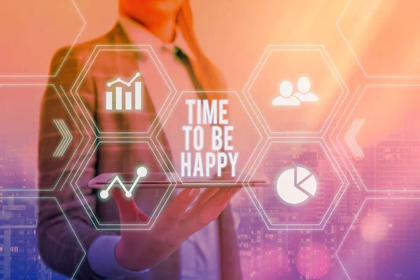 Text s rukopisem Time To Be Happy. Koncept znamená smysluplnou práci Pracovníci s účelem Štěstí na pracovišti Mřížky a různé nastavení ikon nejnovější digitální technologie koncept. — Stock fotografie