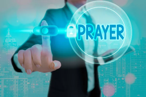 Conceptual hand writing showing Prayer. Business photo showcasing solemn request for help or expression of thanks addressed to God Graphics padlock for web data security application system. — Stock Photo, Image