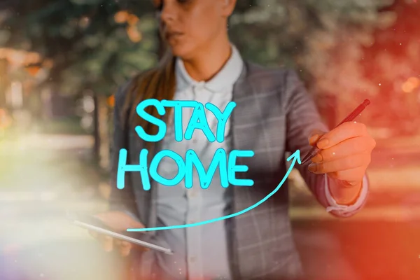 Word writing text Stay Home. Business concept for not go out for an activity and stay inside the house or home digital arrowhead curve rising upward denoting growth development concept. — Stock Photo, Image