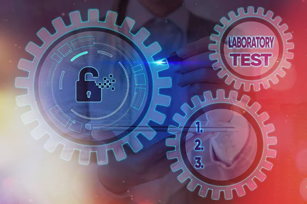 Writing note showing Laboratory Test. Business photo showcasing Determination of a medical diagnosis from the substances tested Graphics padlock for web data information security application system.