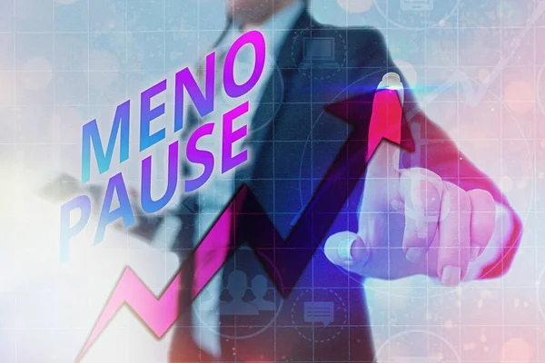 Writing note showing Meno Pause. Business photo showcasing the process through which a ceases to be fertile or menstruate Arrow symbol going upward showing significant achievement.