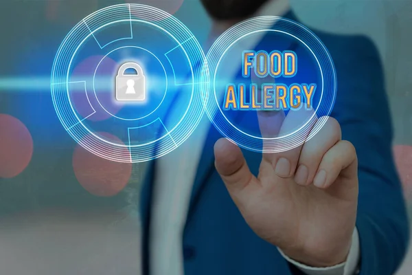 Handwriting text writing Food Allergy. Concept meaning abnormal immune system response to allergen after eaten Graphics padlock for web data information security application system.