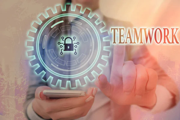 Writing note showing Teamwork. Business photo showcasing the group s is collaborative effort to accomplish a common goal Graphics padlock for web data information security application system. — Stock Photo, Image