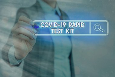 Rapid Test Kiti 'ni gösteren not yazılıyor. Hızlı sonuçlar sağlayan acil tıbbi teşhis ekipmanlarını gösteren iş fotoğrafı. Web arama dijital bilgi fütüristik teknoloji ağı bağlantısı..