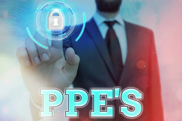 Conceptueel handschrift met Ppe s erop. Business foto tekst Gespecialiseerde apparatuur voor bescherming tegen gezondheids- en veiligheidsrisico Grafisch hangslot voor web data security applicatie systeem. — Stockfoto