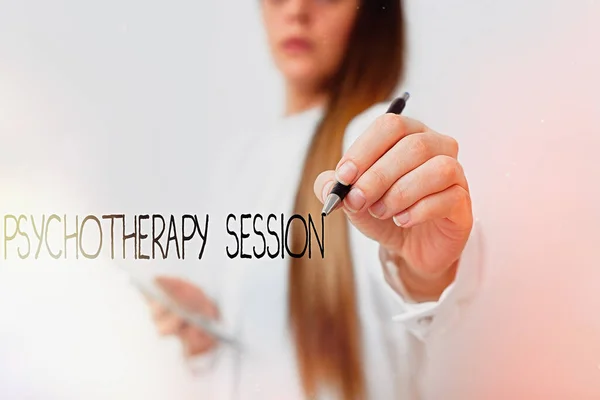 Word writing text Psychotherapy Session. Business concept for series of meetings in treating mental health problems Model displaying different shots of holding pen ready for promotional use.