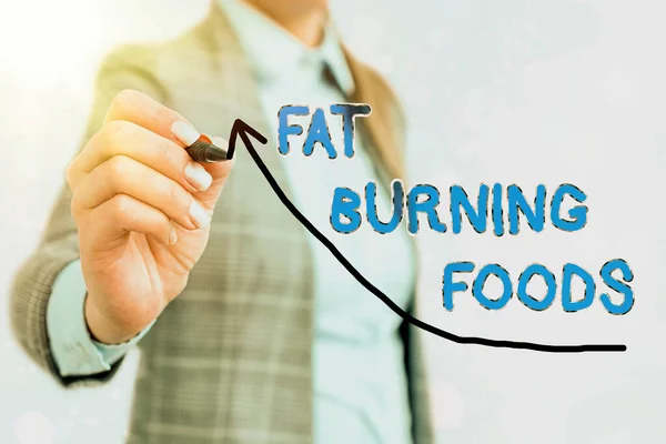 Writing note showing Fat Burning Foods. Business photo showcasing produce fat loss by stimulating metabolism to reduce appetite Digital arrowhead curve denoting growth development concept. — Stock Photo, Image