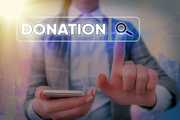 Writing note showing Donation. Business photo showcasing something that is given to a charity, especially a sum of money Web search digital information futuristic technology network connection.