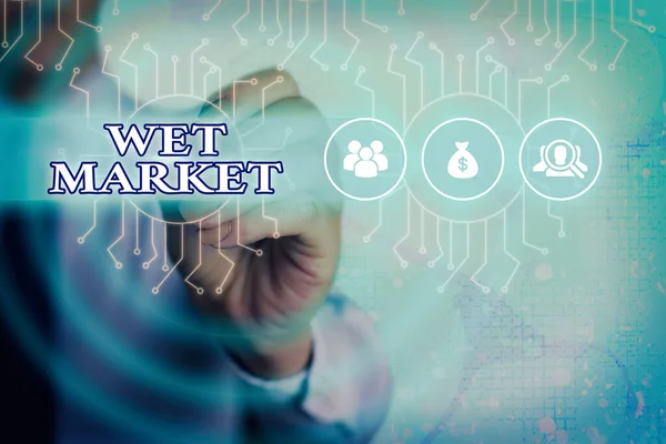 Ordskrivning text Wet Market. Affärsidé för försäljning av färska köttfiskprodukter och andra lättfördärvliga varor Systemadministratörskontroll, verktygskonfiguration. — Stockfoto