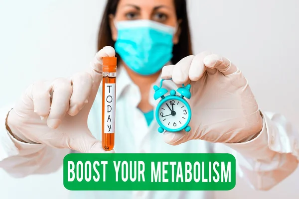 Text sign showing Boost Your Metabolism. Conceptual photo body process uses to make and burn energy from food Laboratory blood test sample shown for medical diagnostic analysis result.