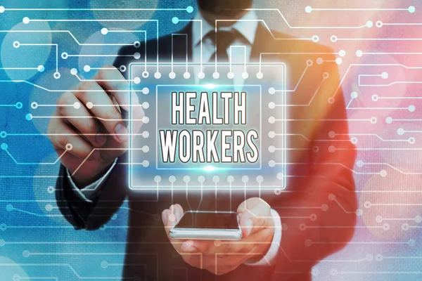 Χειρόγραφο κείμενο Εργαζόμενοι στην Υγεία. Έννοια σημαίνει να δείξουμε ποιανού δουλειά είναι να προστατεύει την υγεία των κοινοτήτων τους Έλεγχος διαχειριστή συστήματος, έννοια εργαλείων ρυθμίσεων εργαλείων. — Φωτογραφία Αρχείου