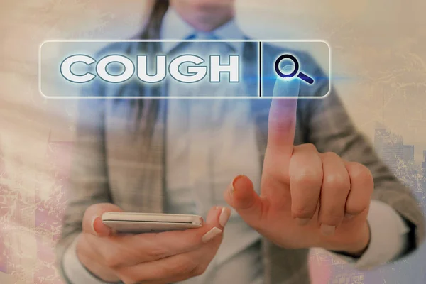 Writing note showing Cough. Business photo showcasing sudden expulsion of air throughout the passages to clear airways Web search digital information futuristic technology network connection. — Stock Photo, Image