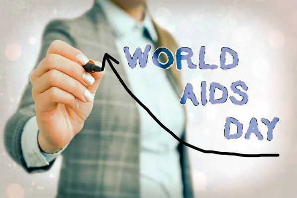Skriva lapp som visar Världsaidsdagen. Företagsfoto visar upp en internationell dag för att öka medvetenheten om AIDS pandemi Digital pilspets kurva betecknar tillväxtutveckling koncept. — Stockfoto
