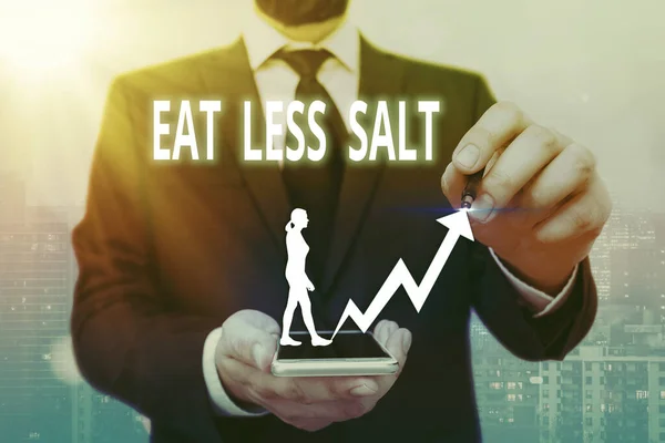 Writing note showing Eat Less Salt. Business photo showcasing reducing the sodium intake on the food and beverages Arrow symbol going upward showing significant achievement. — Stock Photo, Image