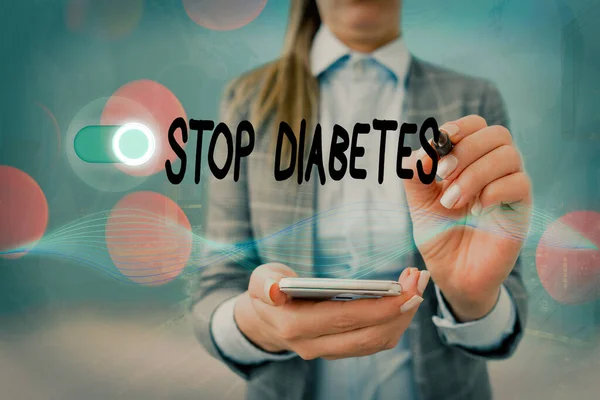 Skrivande handstil Stoppa diabetes. Begreppet innebär att förhindra sjukdom av förhöjd glukosnivå i blodet Grafik hänglås för webbdata informationssäkerhet applikationssystem. — Stockfoto