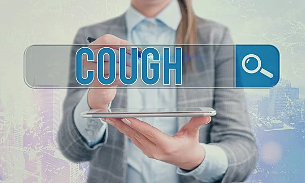 Word writing text Cough. Business concept for sudden expulsion of air throughout the passages to clear airways Web search digital information futuristic technology network connection. — Stock Photo, Image