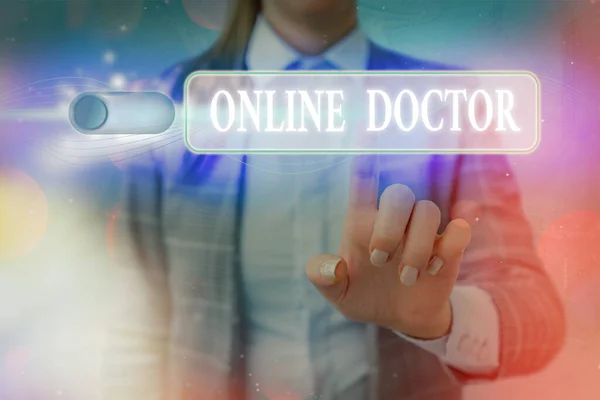 Word writing text Online Doctor. Business concept for health practitioners who deliver healthcare over the internet Graphics padlock for web data information security application system. — Stock Photo, Image