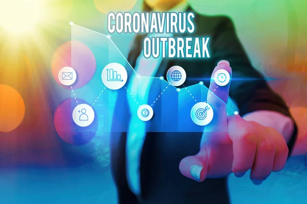 文字标牌显示考罗那韦病毒爆发。新发现的COVID19箭头符号向上表示有显著成就而引起的概念光传染病. — 图库照片